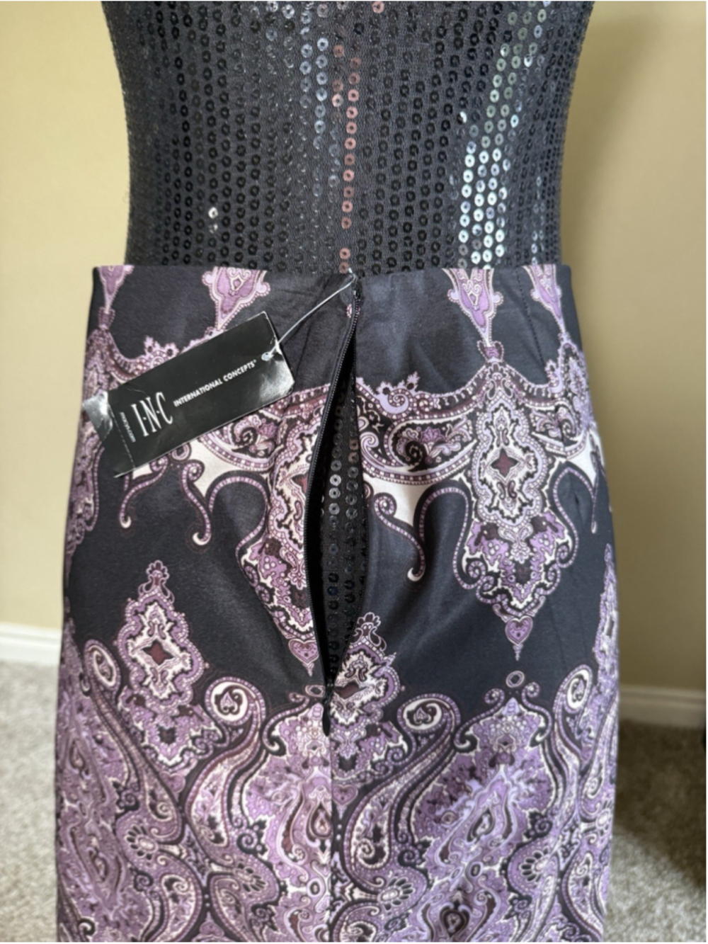 INC Paisley Straight Pencil Skirt Black Purple Silky Side Zipper Size 2 New - Picture 8 of 15